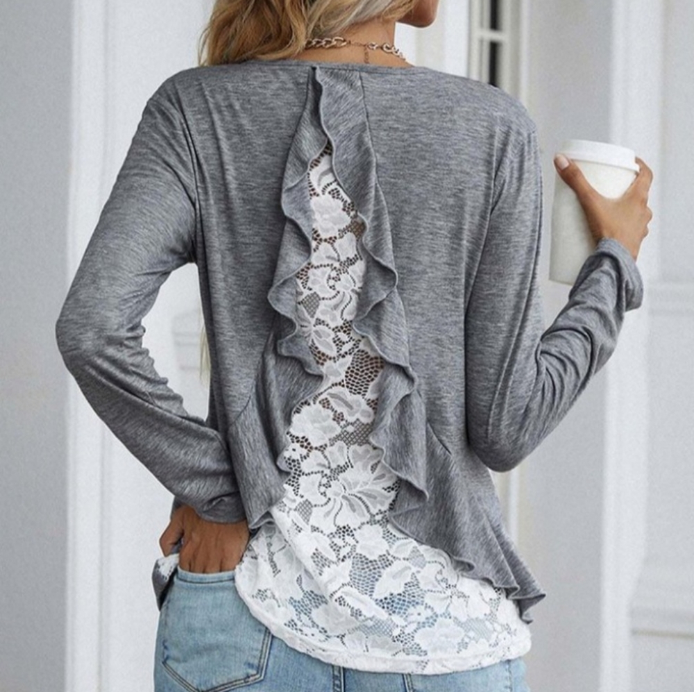 Gray Lace-Back Ruffle Accent Long-Sleeve Top